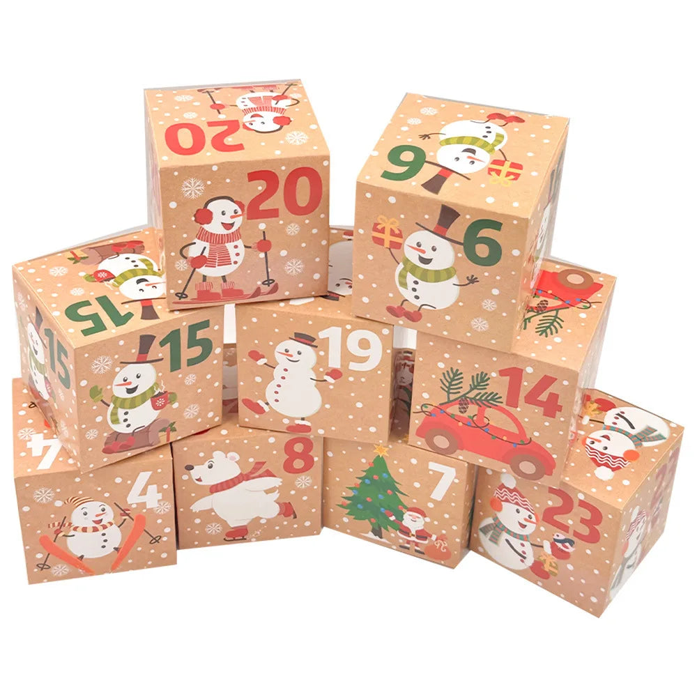 24pcs/set Christmas Advent Calendar Boxes Xmas Cute Cartoon Cube 24 Days Countdown Gift Candy Packaging Paper Box Party Decor