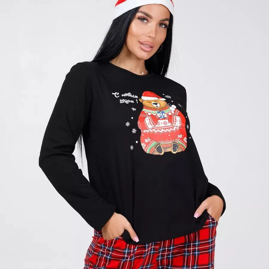 Christmas New Year Plaid Print Pajamas Long Sleeve Black Top Plaid Pants Casual Set Home Wear Autumn Sleepwear for Women
