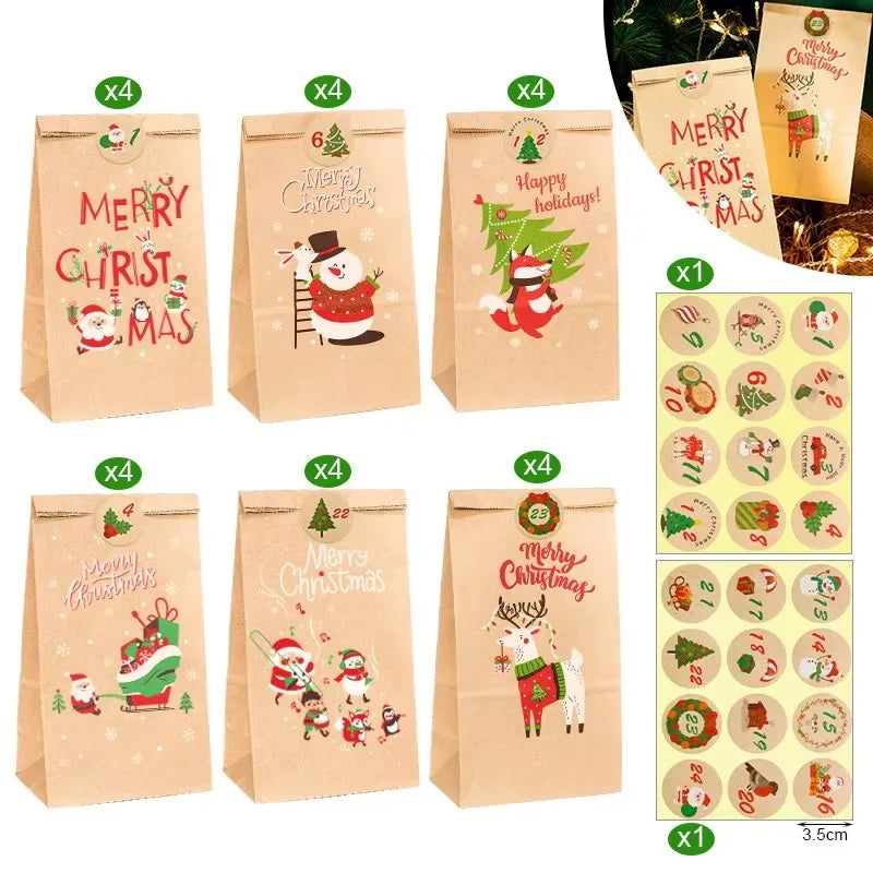 Christmas Gift Bags Kraft Paper Bag Candy Cookie Packaging Pocket Xmas Advent Calendar Digital Sticker Packing Supplies 24pcs