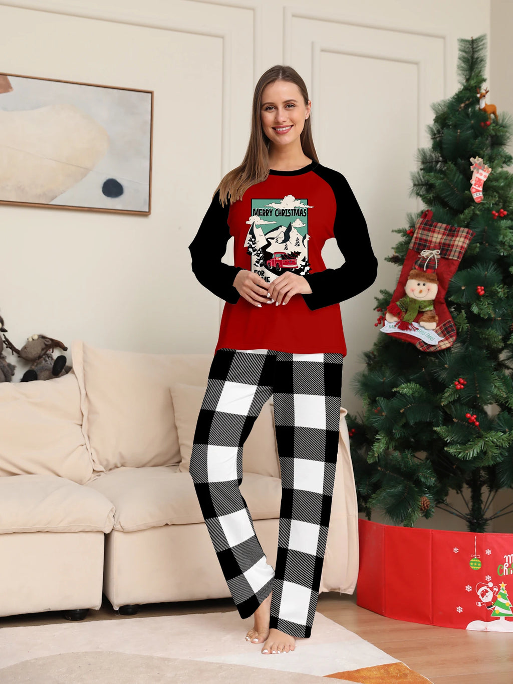 Christmas Family Matching Pajamas Set "MERRY CHRISTMAS" Raglan Sleeve Red Black Top Black White Plaid Sleepwear