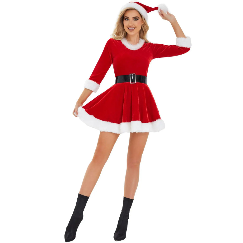 [You're My Secret]Christmas Female Santa Claus Costume Xmas Party Snow Miss Santa Girl Red Dress Unifrom Sexy Pajamas Cosplay
