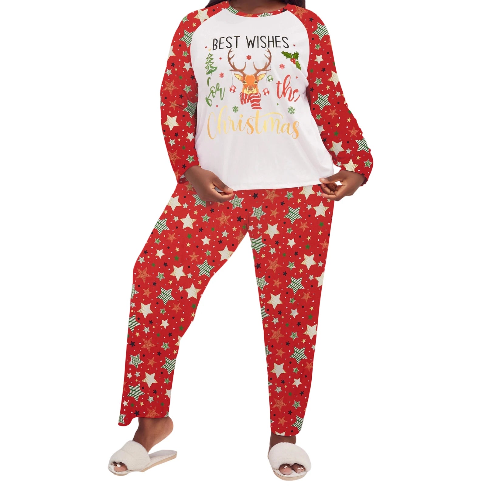 Women s Plus Size Christmas Pajama Set with Snowflake Print Long Sleeve Top and Matching Pants for Festive Sleepwear Outfit