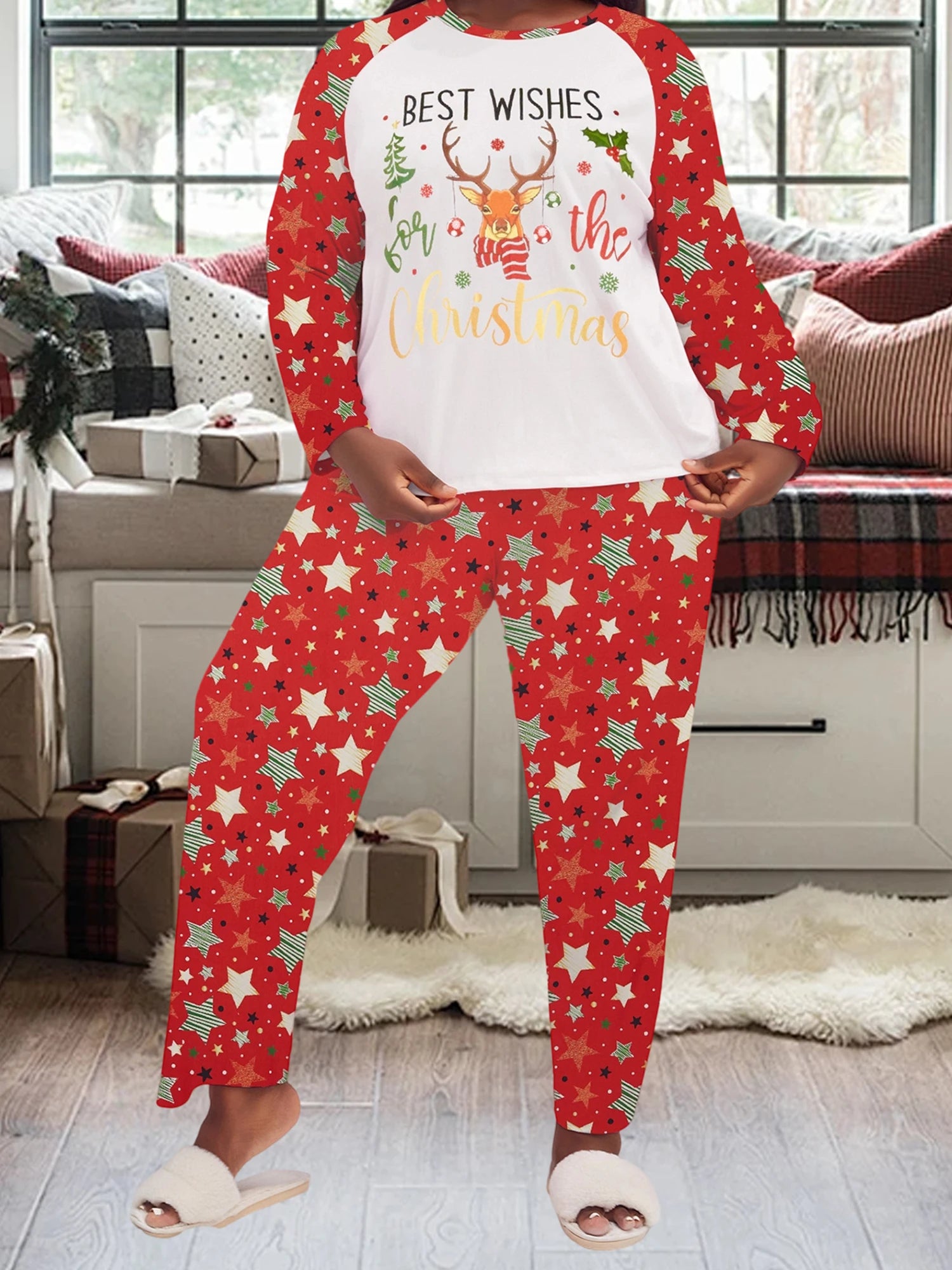 Women s Plus Size Christmas Pajama Set with Snowflake Print Long Sleeve Top and Matching Pants for Festive Sleepwear Outfit