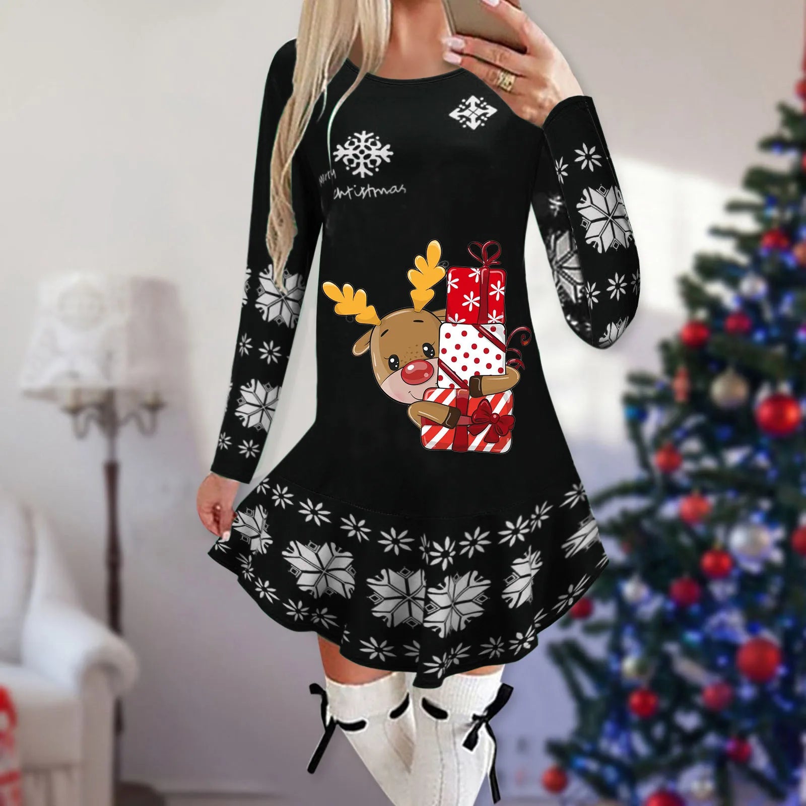 Christmas Snowflake Elk Vintage Party Dress Ruffles Elegant Long Sleeve Casual Print Winter Sweater Party Female O Neck Vestidos