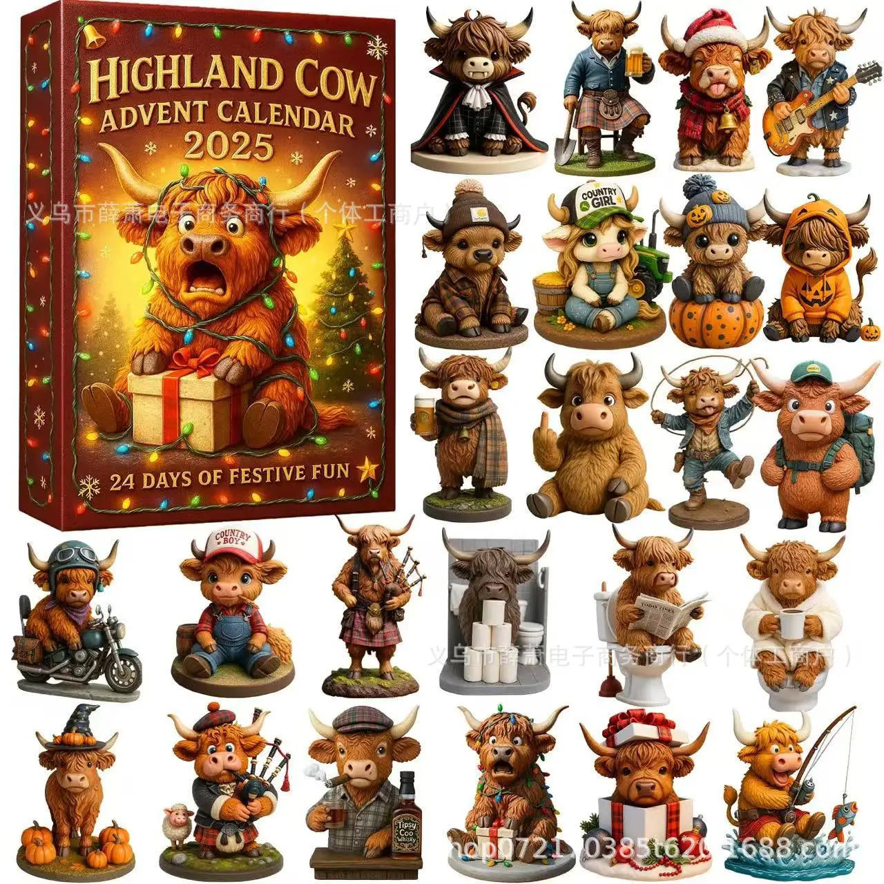 Highland Cow Advent Calendar 2025 Christmas Countdown Miniature Collectible Home Decoration Highland Cow Theme Gift