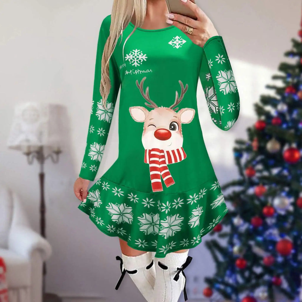 Christmas Snowflake Elk Vintage Party Dress Ruffles Elegant Long Sleeve Casual Print Winter Sweater Party Female O Neck Vestidos