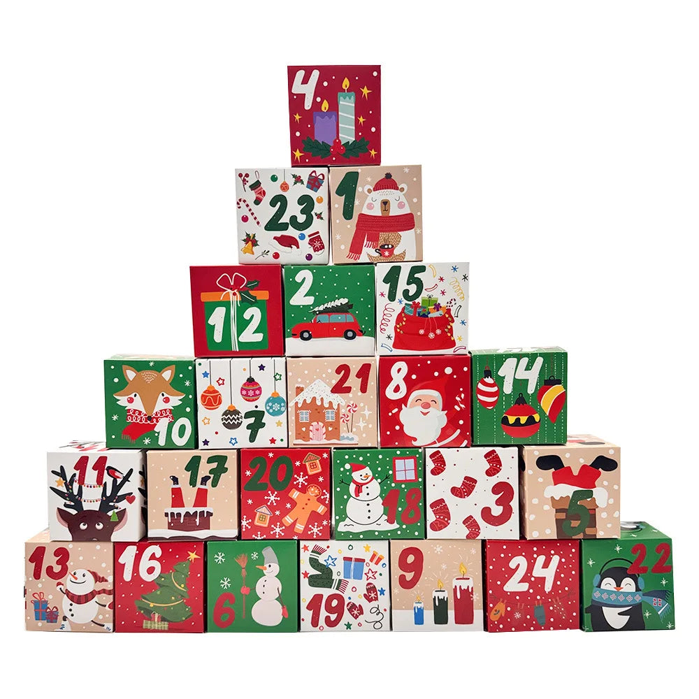 24pcs/set Christmas Advent Calendar Boxes Xmas Cute Cartoon Cube 24 Days Countdown Gift Candy Packaging Paper Box Party Decor