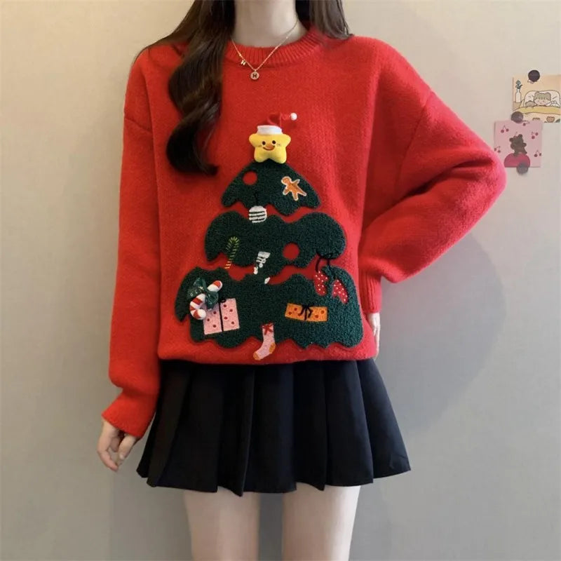 Large Size Women's Winter Style New Year Red Sweater Three-dimensional Christmas Tree Jacquard to Keep Warm