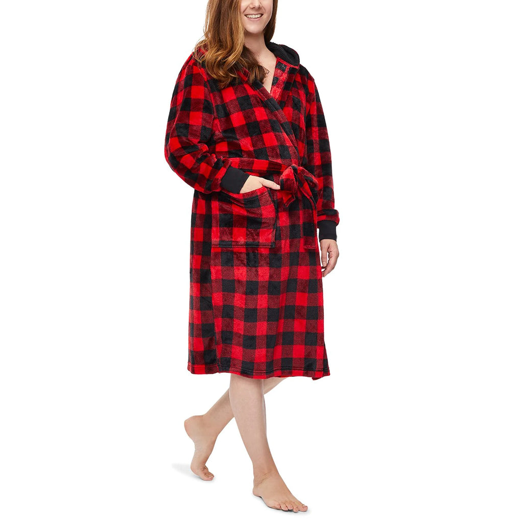 Family Matching Christmas Parent-child Nightwear Red Plaid Printed Pattern Long Sleeve Thick Hooded Nightgown with Belt