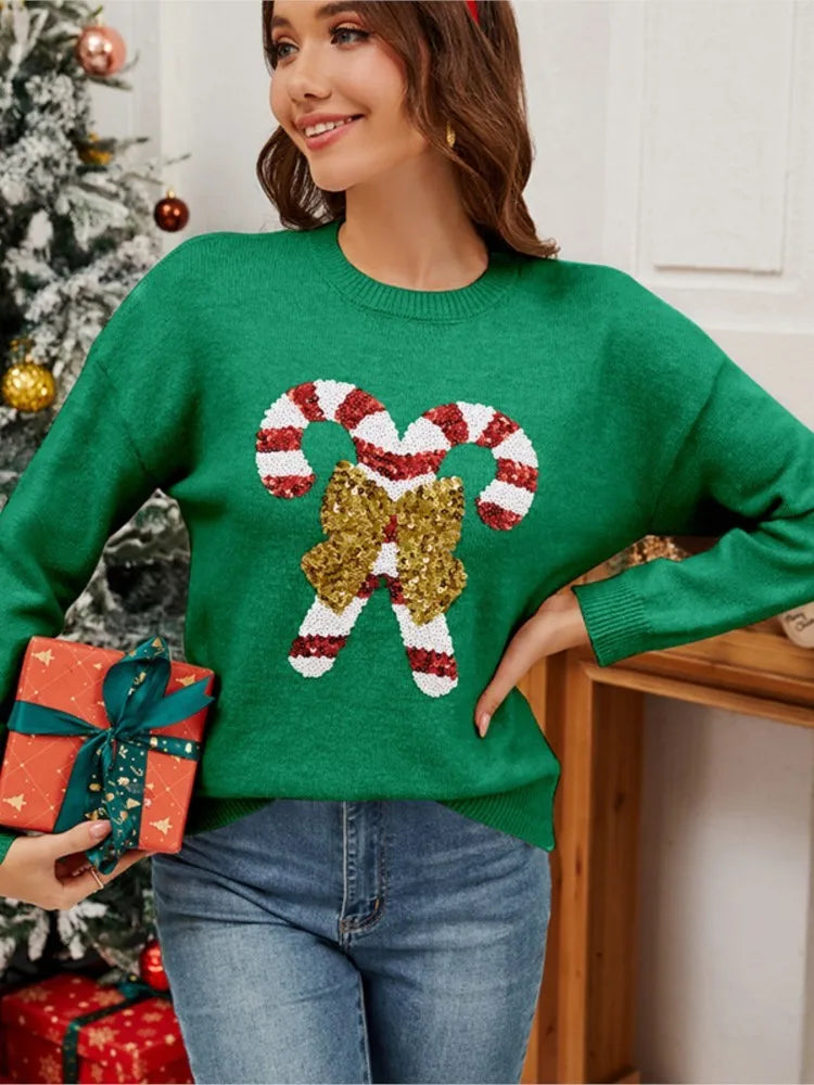 New Christmas Crutch Bow Sequin Women's Sweater Autumn Winter Fashion O Neck Long-sleeve Sweater Top Womens Clothing
