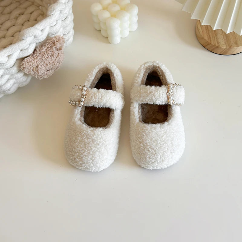 New Winter Children's Shoes Thickened Warm Girls Cotton Shoes Luxury Rhinestone Buckle Kids Fashion Princess Causal Plush Shoes