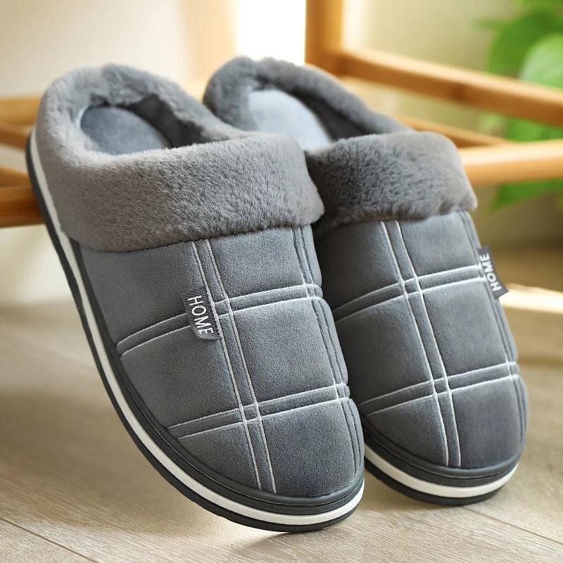 Warm Furry Winter Mens Slippers Indoor Soft Plush Memory Foam Plaid House Shoes Non-slip Fluffy Bedroom Slippers for Men