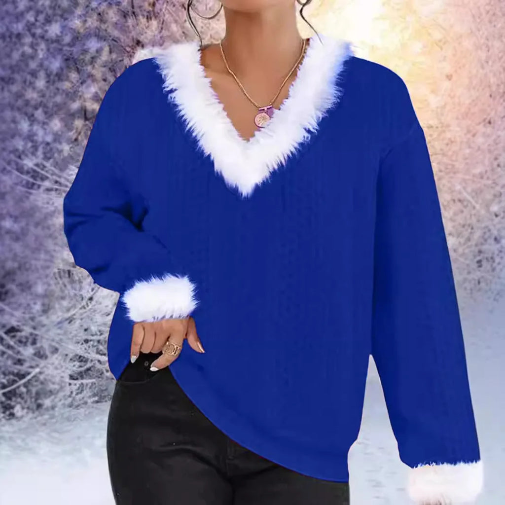 V Neck Knitted Jumpers Women Sweaters Christmas Pullovers Long Sleeve Patchwork Spliced Slight Strech Casual 2025 Autumn