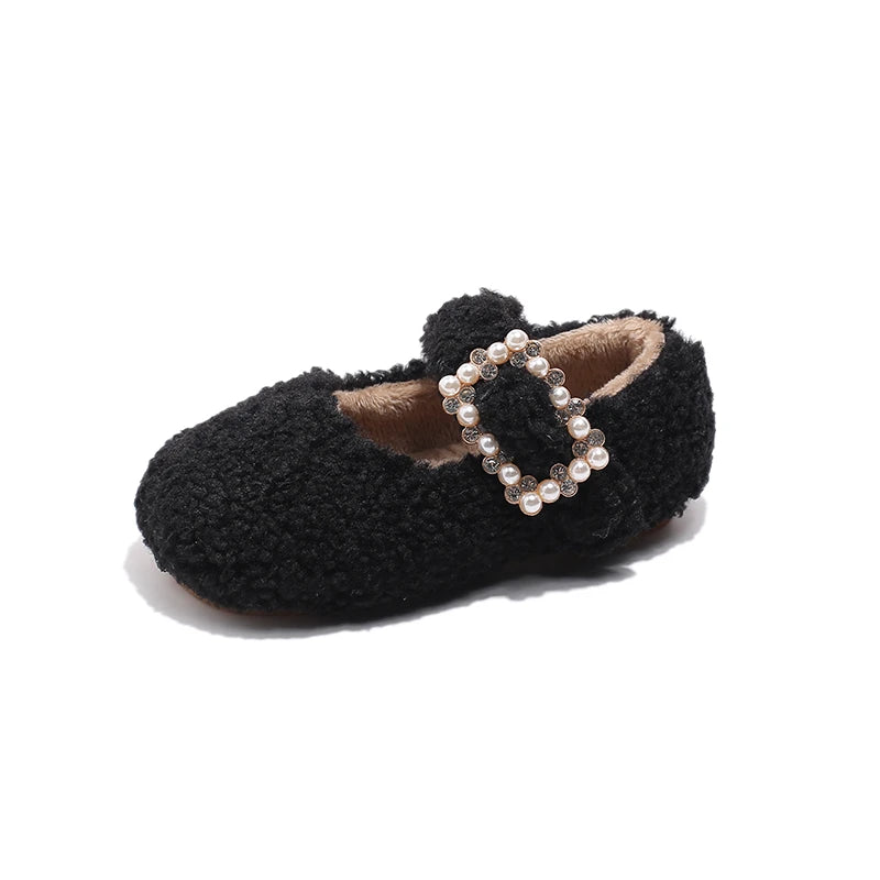 New Winter Children's Shoes Thickened Warm Girls Cotton Shoes Luxury Rhinestone Buckle Kids Fashion Princess Causal Plush Shoes