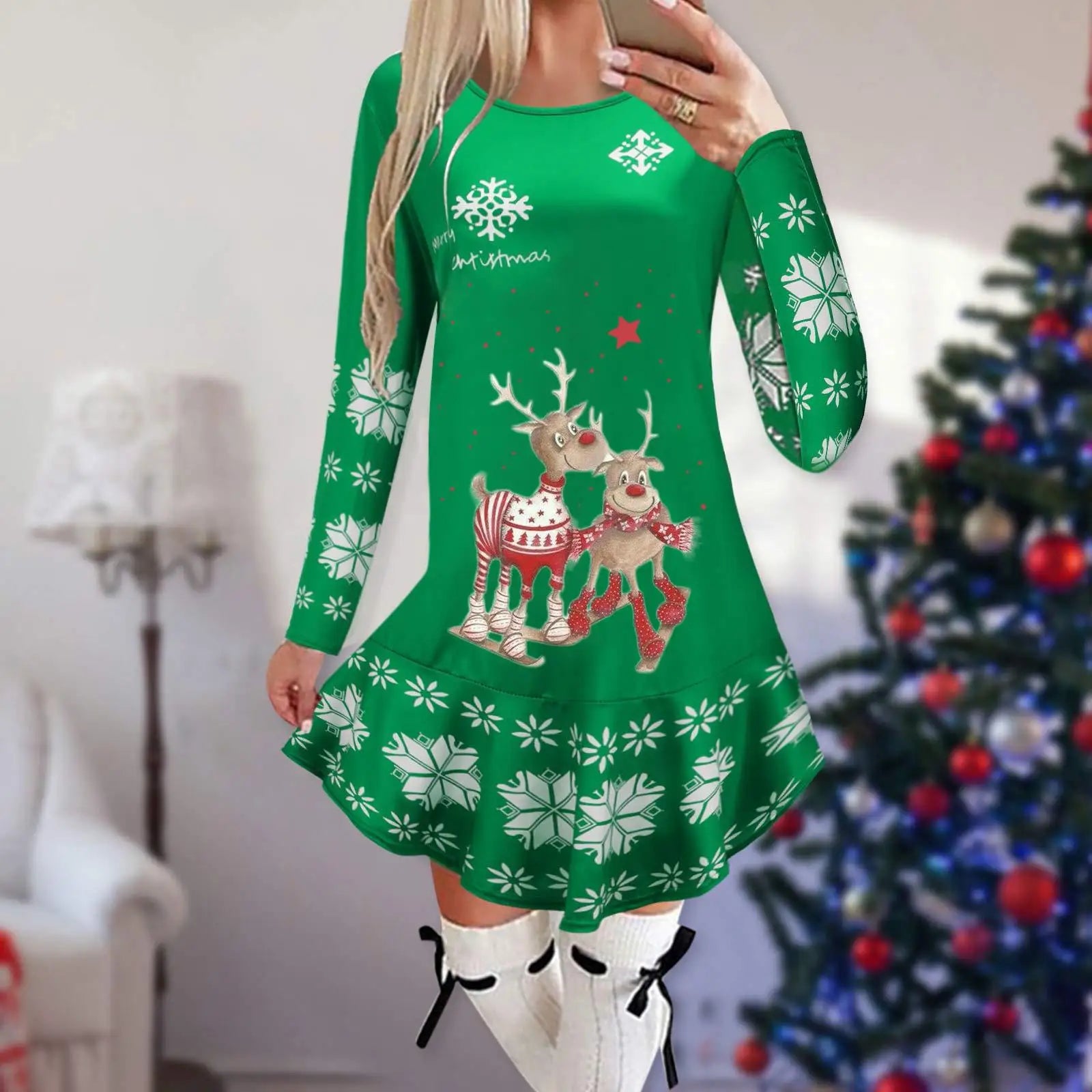 Christmas Snowflake Elk Vintage Party Dress Ruffles Elegant Long Sleeve Casual Print Winter Sweater Party Female O Neck Vestidos