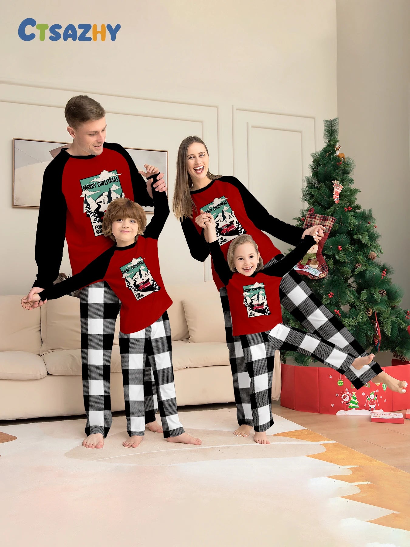 Christmas Family Matching Pajamas Set "MERRY CHRISTMAS" Raglan Sleeve Red Black Top Black White Plaid Sleepwear