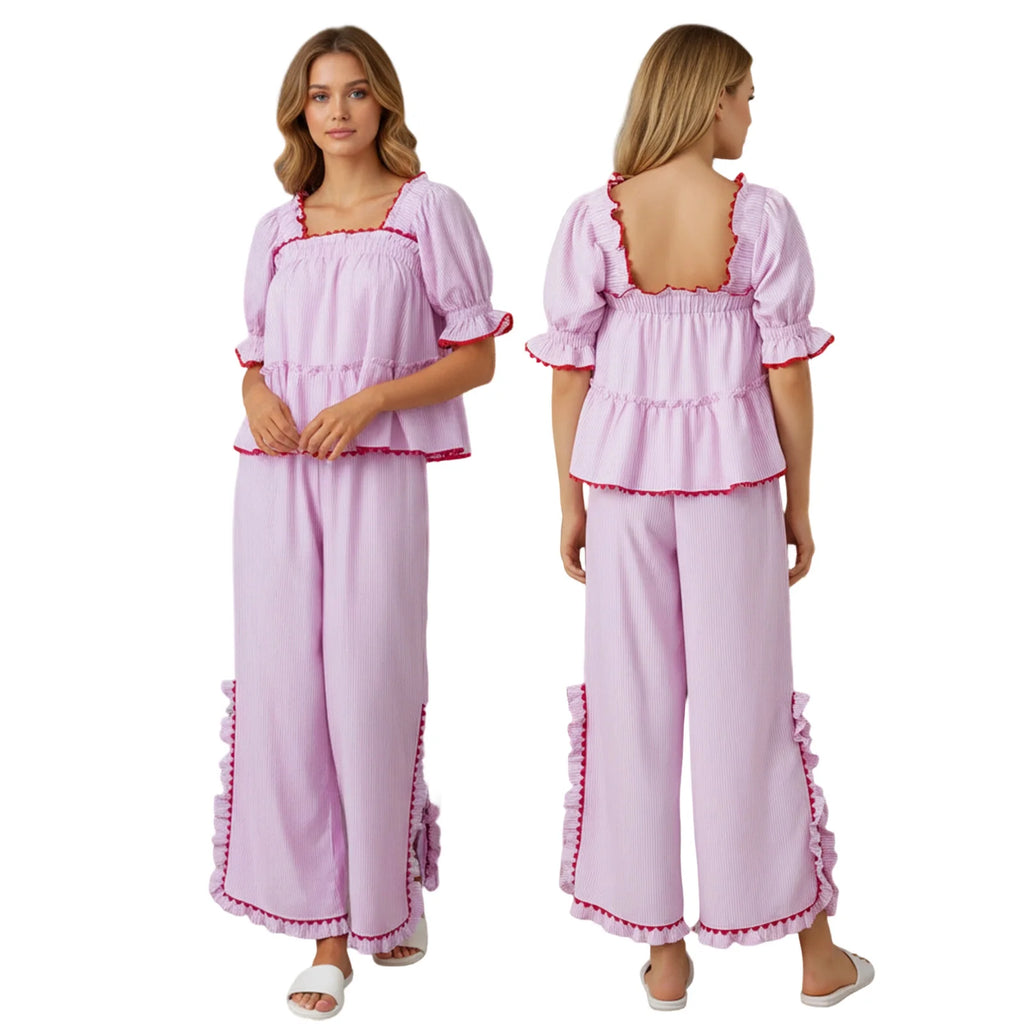 2026 New Years Spring Stripes/Plaid Short Sleeve Square Neck T-shirt with Pants Sleepwear Loungewear Xmas Women Pajama Set