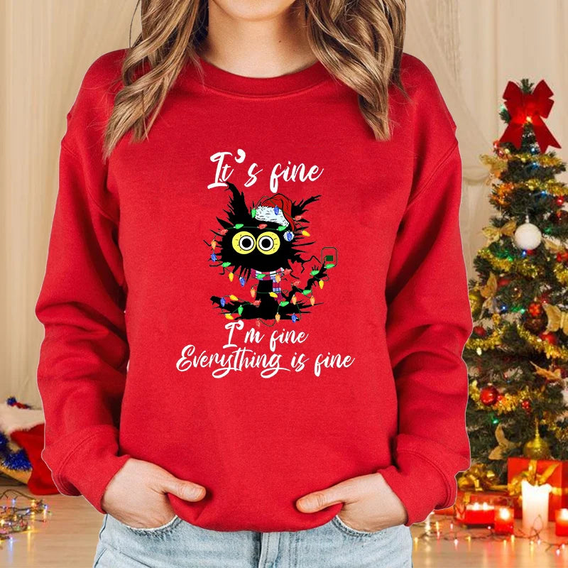 Christmas Cat Pattern Pullover Women's Fashion Casual Loose Sweater Cute Christmas Cat Top