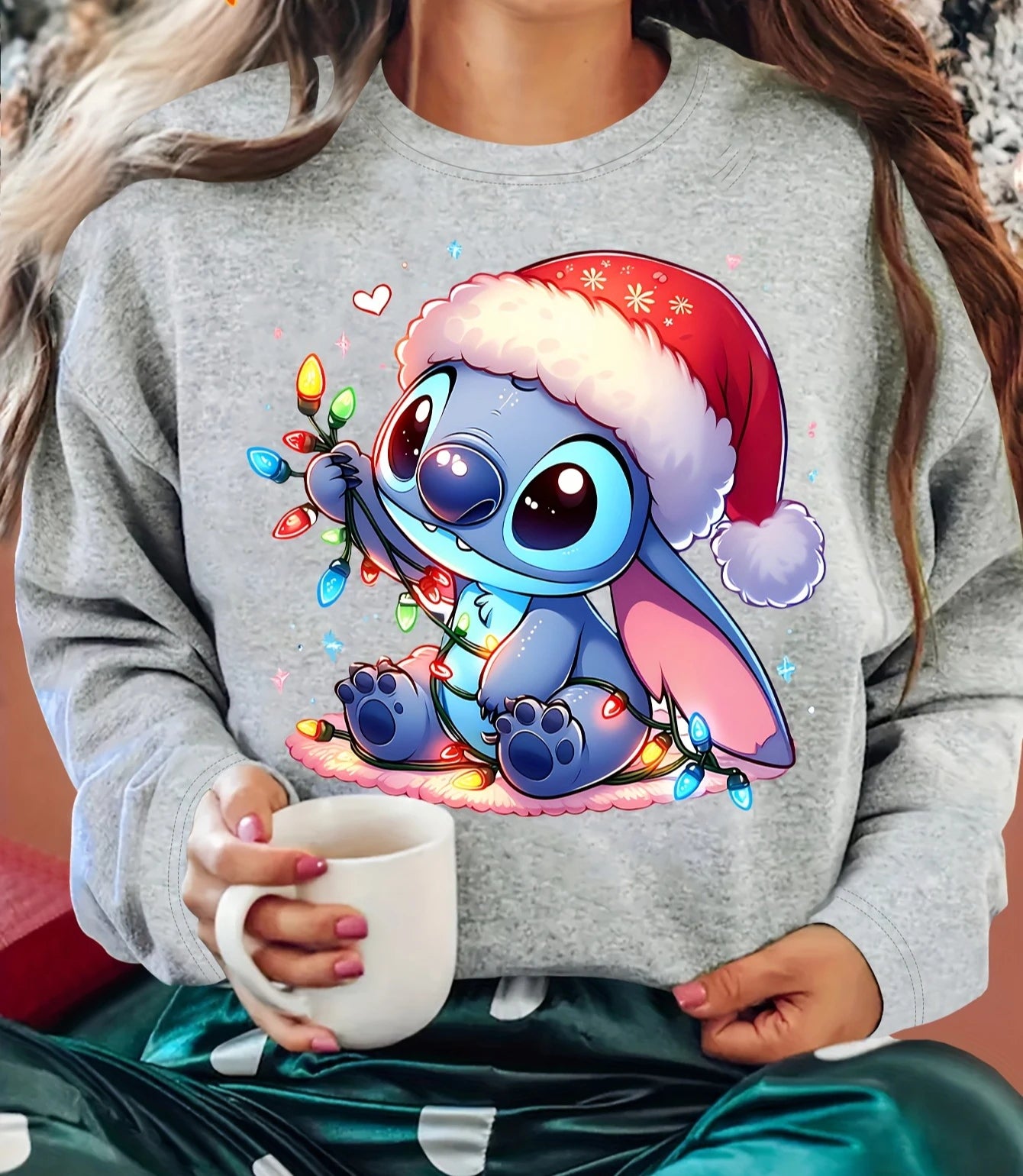 Women's Stitch Christmas Sweater Santa Hat & Lights Graphic Sweatshirts Festive Stitch Kawaii Cartoon Sweatshirt Woman Clothing
