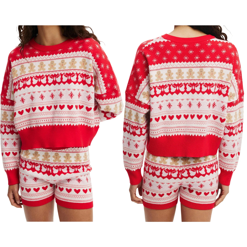 Xmas Women Christmas Outfit Gingerbread Man Knit Long Sleeve Crew Neck Sweater with Elastic Waist Shorts Party Costume Short Set