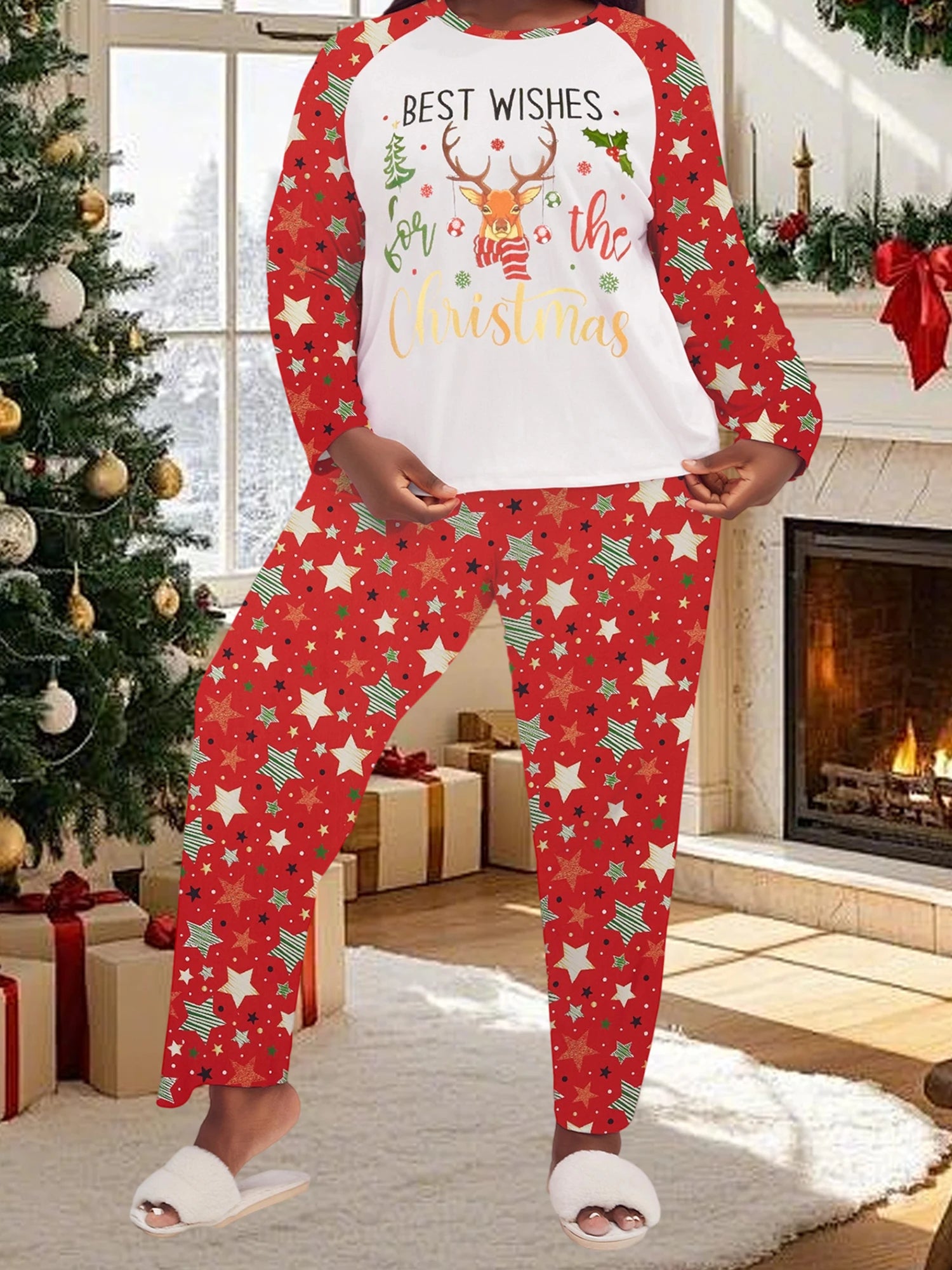 Women s Plus Size Christmas Pajama Set with Snowflake Print Long Sleeve Top and Matching Pants for Festive Sleepwear Outfit