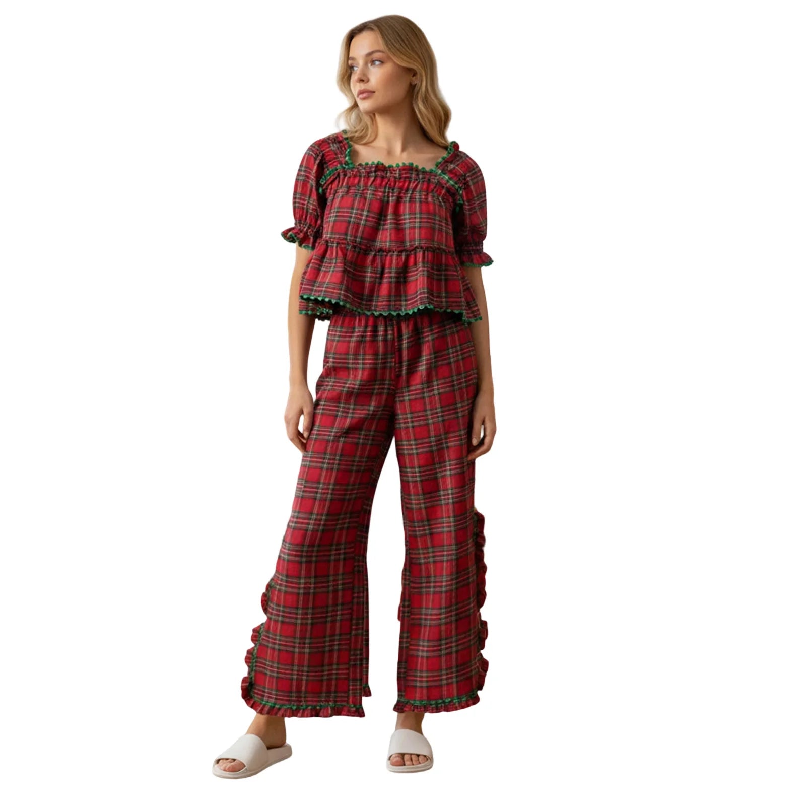 2026 New Years Spring Stripes/Plaid Short Sleeve Square Neck T-shirt with Pants Sleepwear Loungewear Xmas Women Pajama Set