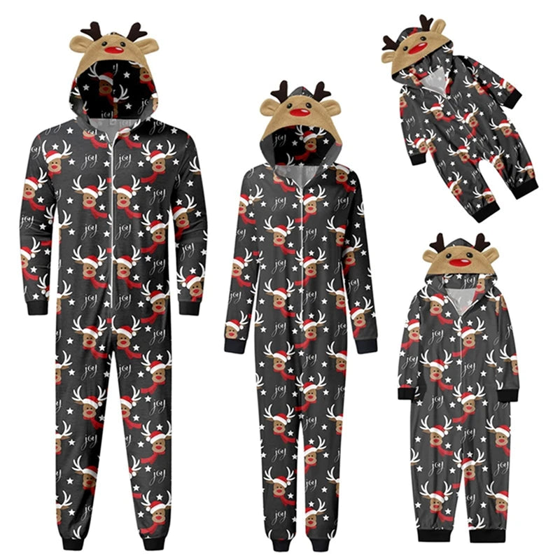 Combhasaki Family Matching Christmas Pajamas Loungewear Long Sleeve 3D Elk Antler All-over Print Hooded Romper Zip Up Jumpsuits