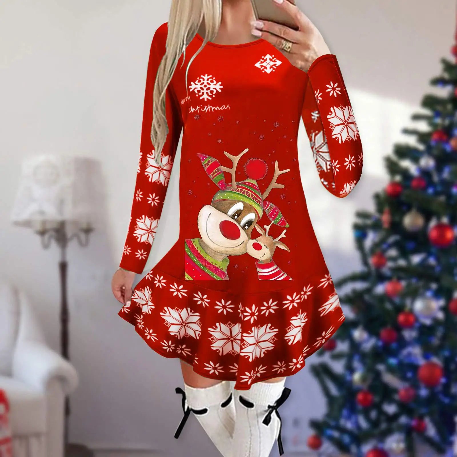 Christmas Snowflake Elk Vintage Party Dress Ruffles Elegant Long Sleeve Casual Print Winter Sweater Party Female O Neck Vestidos