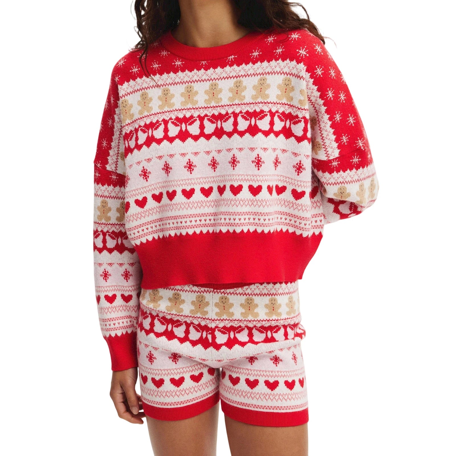 Xmas Women Christmas Outfit Gingerbread Man Knit Long Sleeve Crew Neck Sweater with Elastic Waist Shorts Party Costume Short Set
