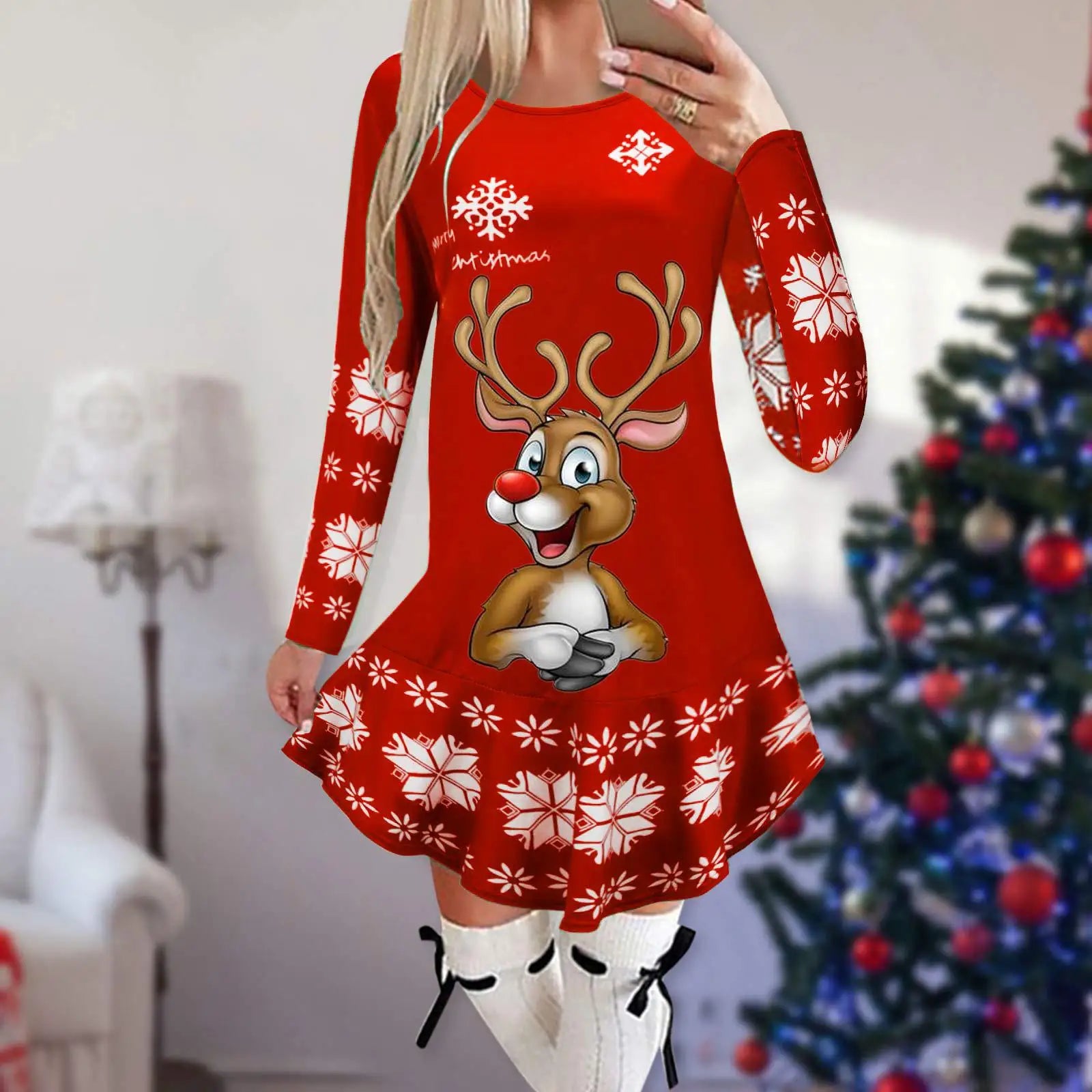 Christmas Snowflake Elk Vintage Party Dress Ruffles Elegant Long Sleeve Casual Print Winter Sweater Party Female O Neck Vestidos