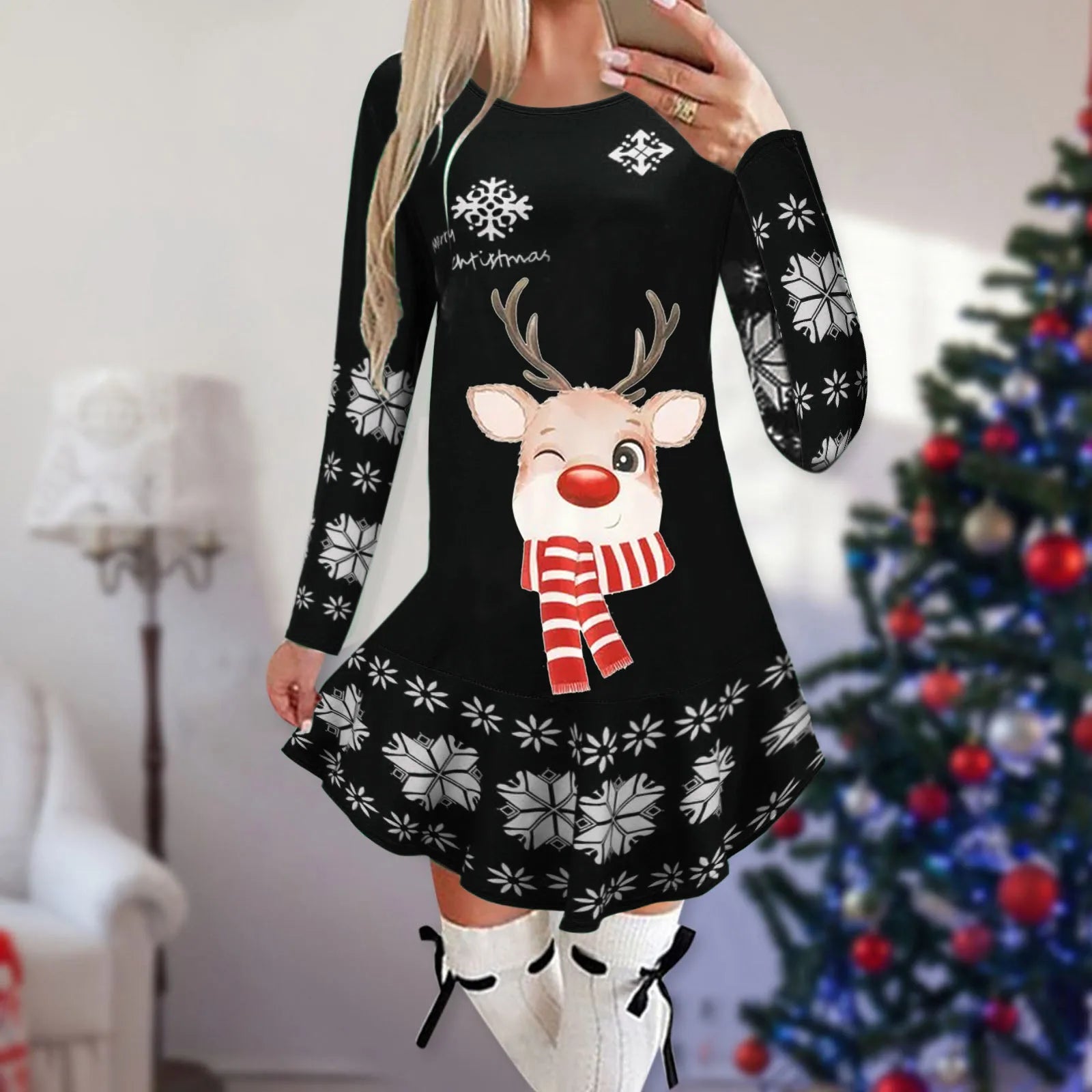 Christmas Snowflake Elk Vintage Party Dress Ruffles Elegant Long Sleeve Casual Print Winter Sweater Party Female O Neck Vestidos