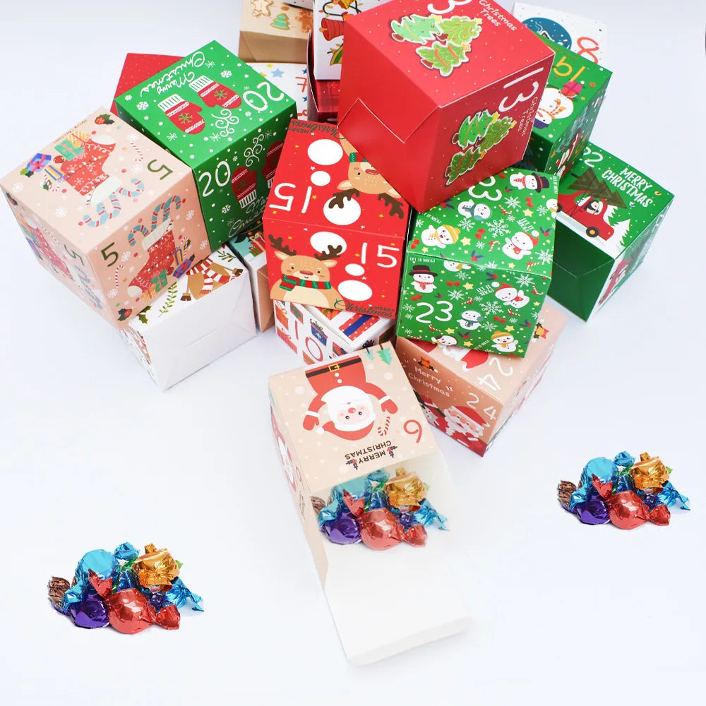 24pcs/set Christmas Advent Calendar Boxes Xmas Cute Cartoon Cube 24 Days Countdown Gift Candy Packaging Paper Box Party Decor