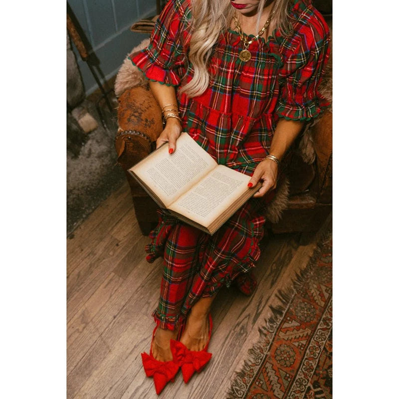 Women Christmas Plaid Loungwear Set Y2K Puff Sleeve Babydoll Tops Ruffle Split Wide Leg Pants Xmas Gingham Pajamas