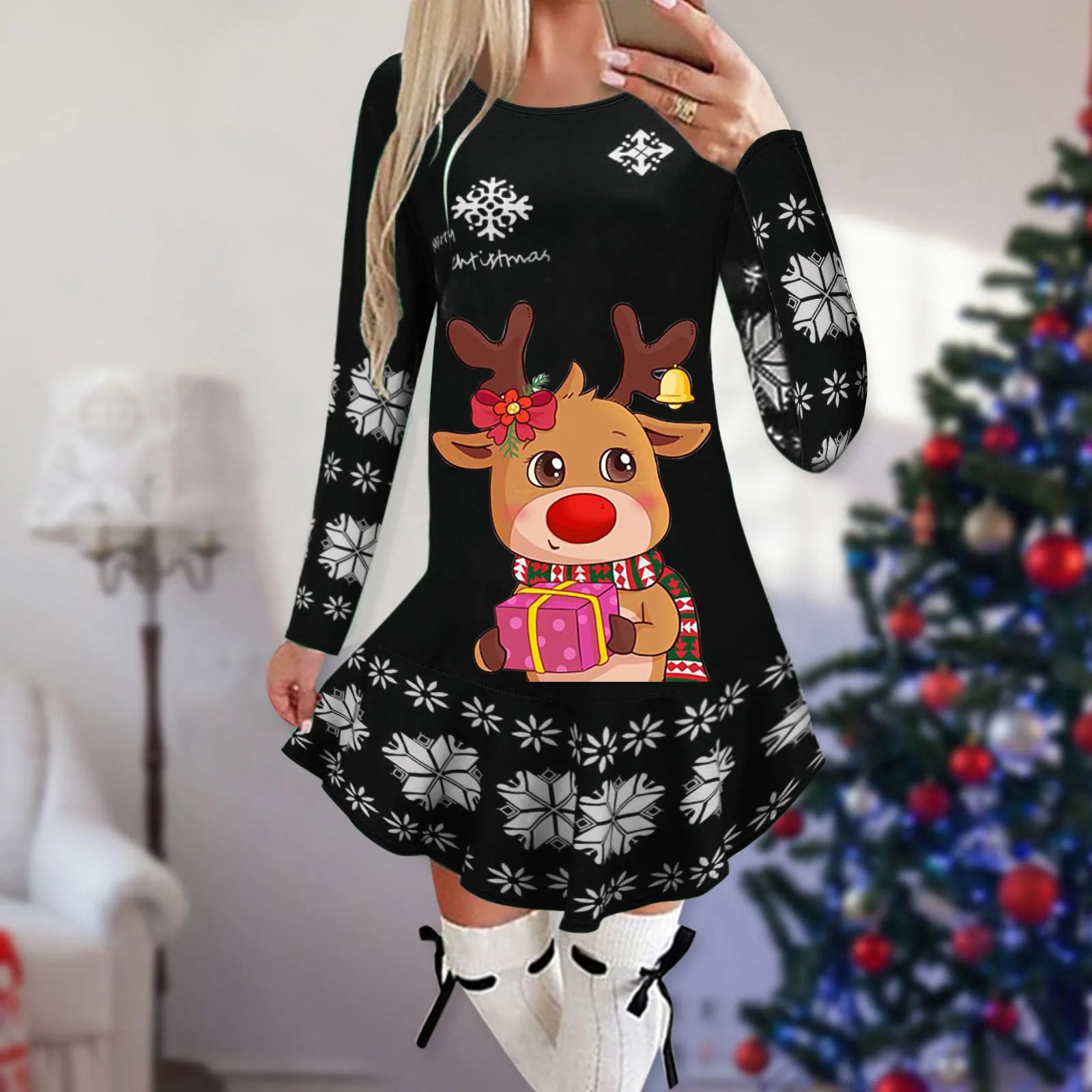 Christmas Snowflake Elk Vintage Party Dress Ruffles Elegant Long Sleeve Casual Print Winter Sweater Party Female O Neck Vestidos