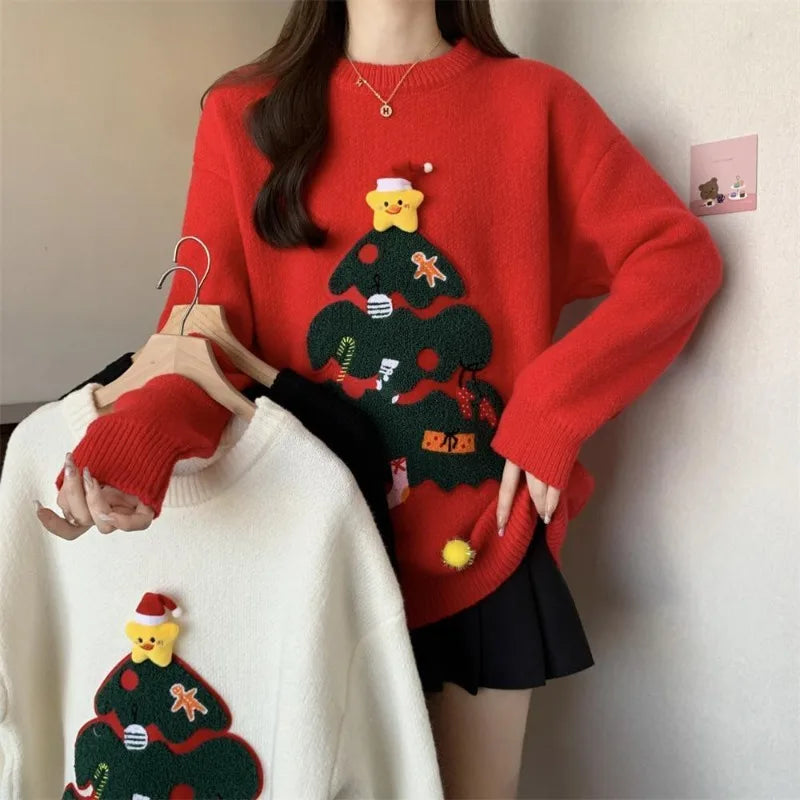 Large Size Women's Winter Style New Year Red Sweater Three-dimensional Christmas Tree Jacquard to Keep Warm