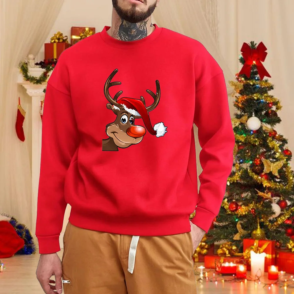 Christmas elk round neck pullover fall and winter men's casual long-sleeved cute Merry Christmas red sweater