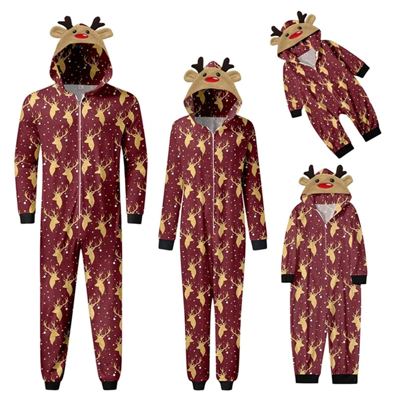 Combhasaki Family Matching Christmas Pajamas Loungewear Long Sleeve 3D Elk Antler All-over Print Hooded Romper Zip Up Jumpsuits
