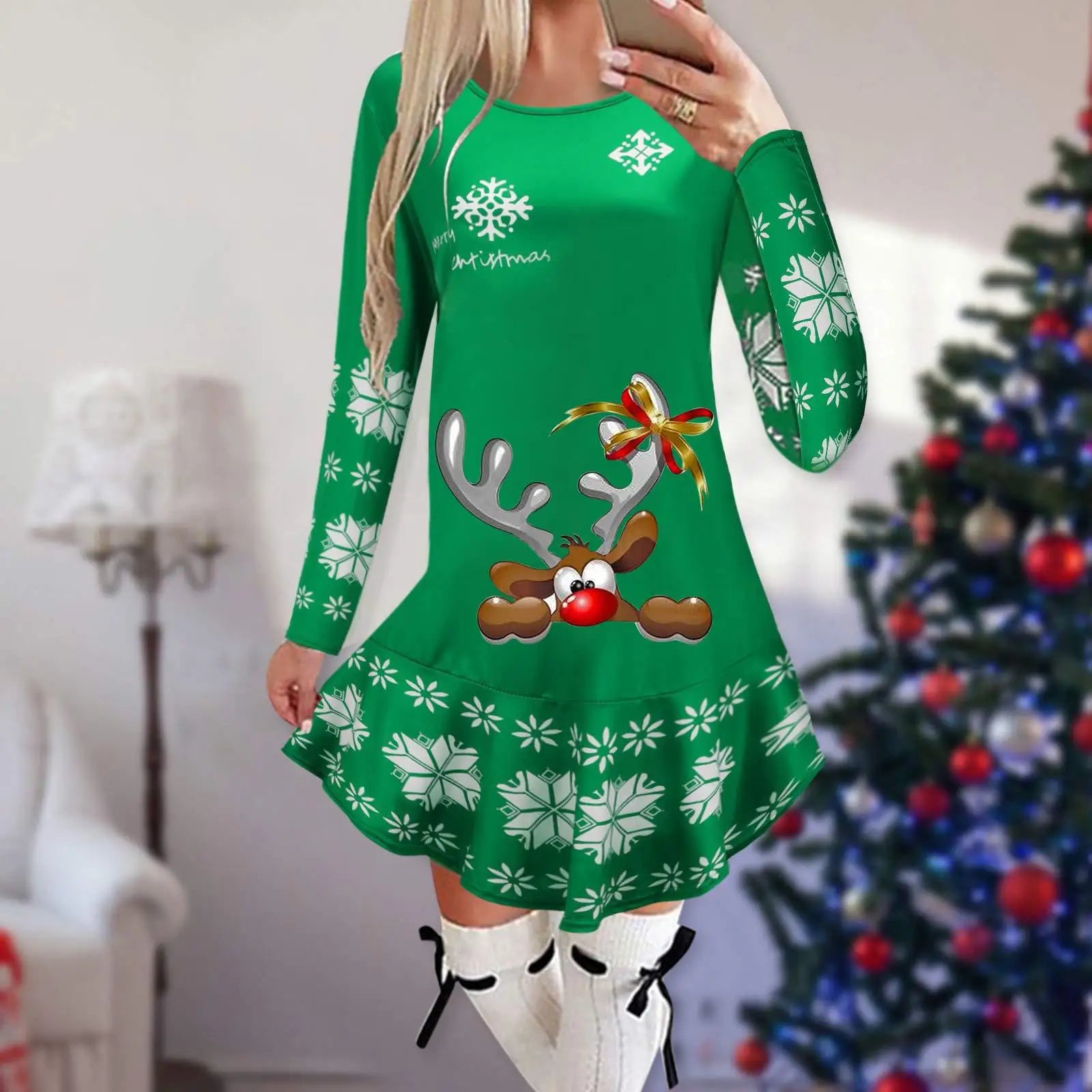 Christmas Snowflake Elk Vintage Party Dress Ruffles Elegant Long Sleeve Casual Print Winter Sweater Party Female O Neck Vestidos