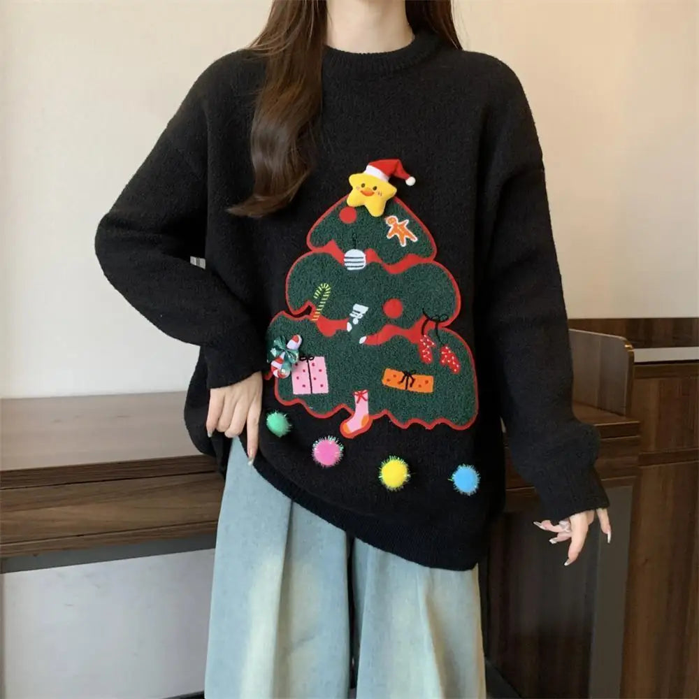 Large Size Women's Winter Style New Year Red Sweater Three-dimensional Christmas Tree Jacquard to Keep Warm