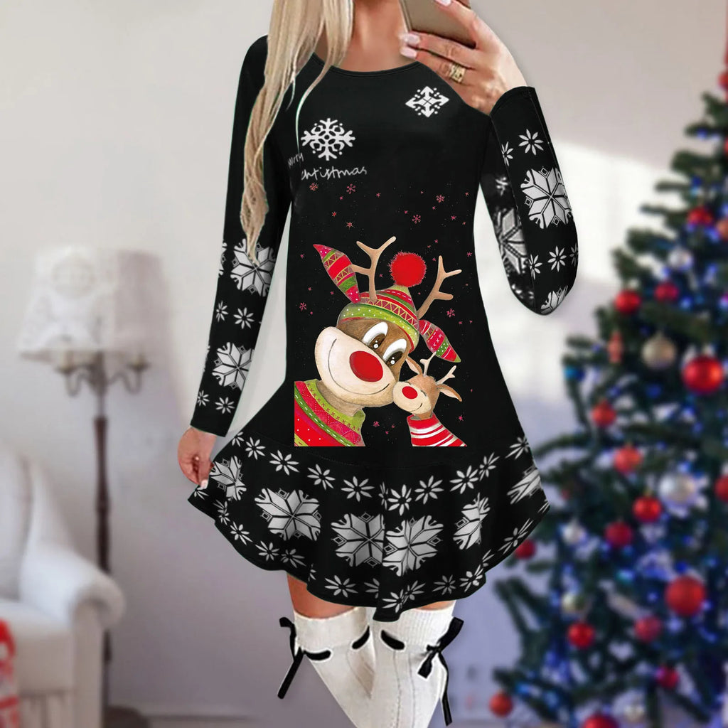 Christmas Snowflake Elk Vintage Party Dress Ruffles Elegant Long Sleeve Casual Print Winter Sweater Party Female O Neck Vestidos