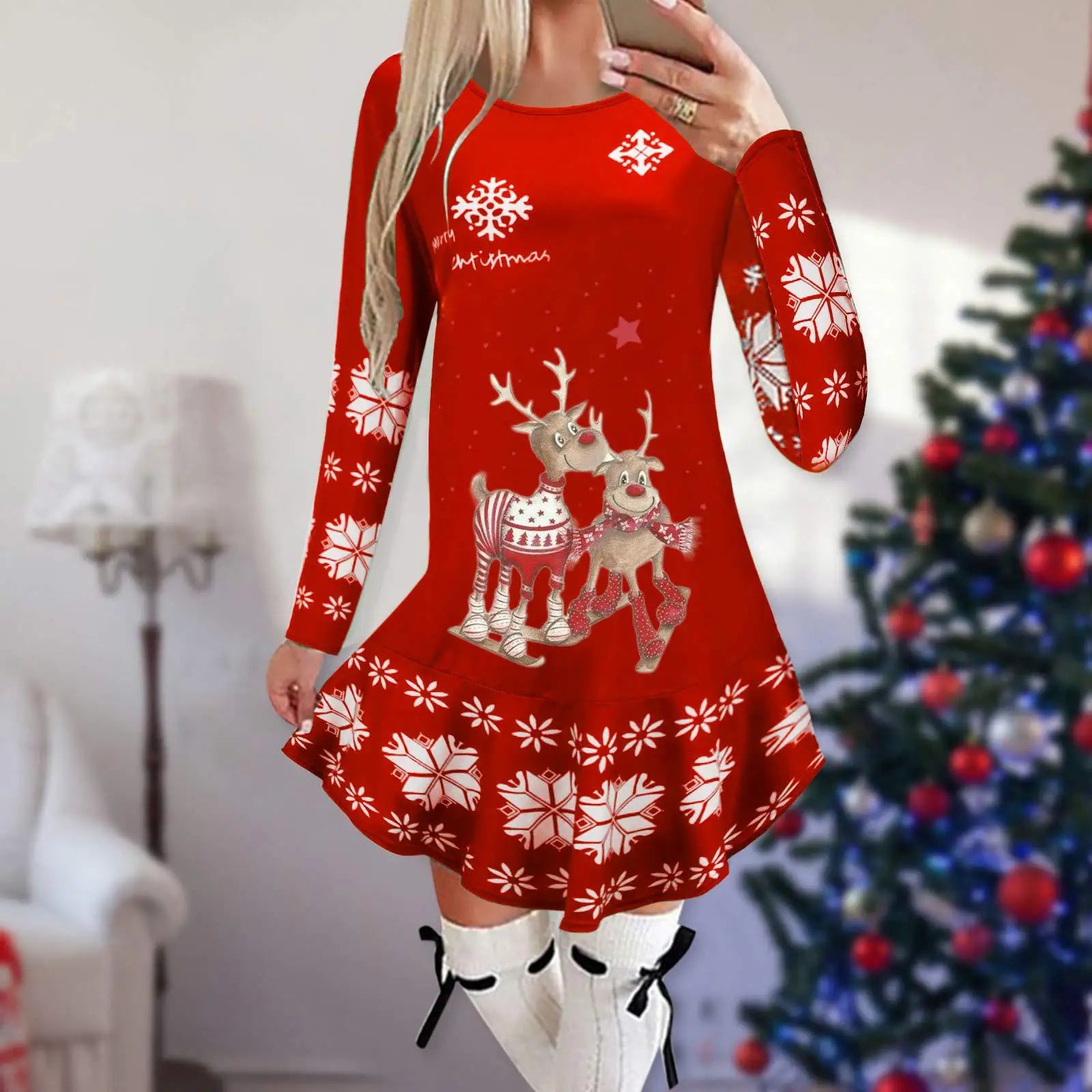 Christmas Snowflake Elk Vintage Party Dress Ruffles Elegant Long Sleeve Casual Print Winter Sweater Party Female O Neck Vestidos