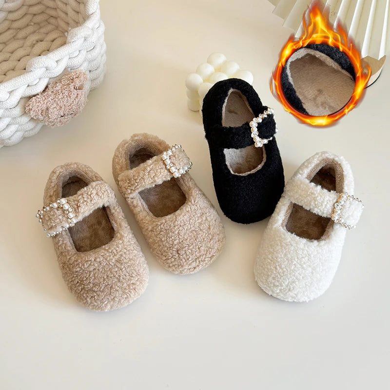 New Winter Children's Shoes Thickened Warm Girls Cotton Shoes Luxury Rhinestone Buckle Kids Fashion Princess Causal Plush Shoes