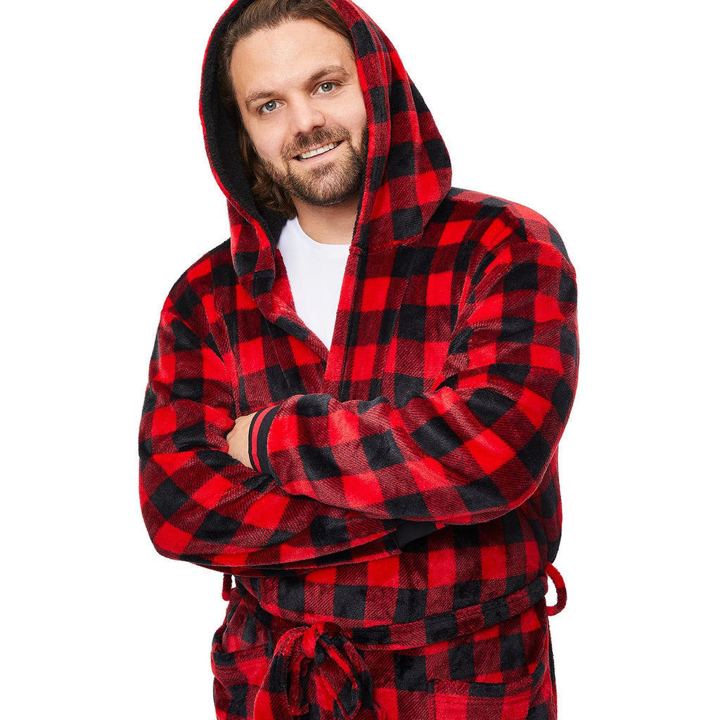 Family Matching Christmas Parent-child Nightwear Red Plaid Printed Pattern Long Sleeve Thick Hooded Nightgown with Belt