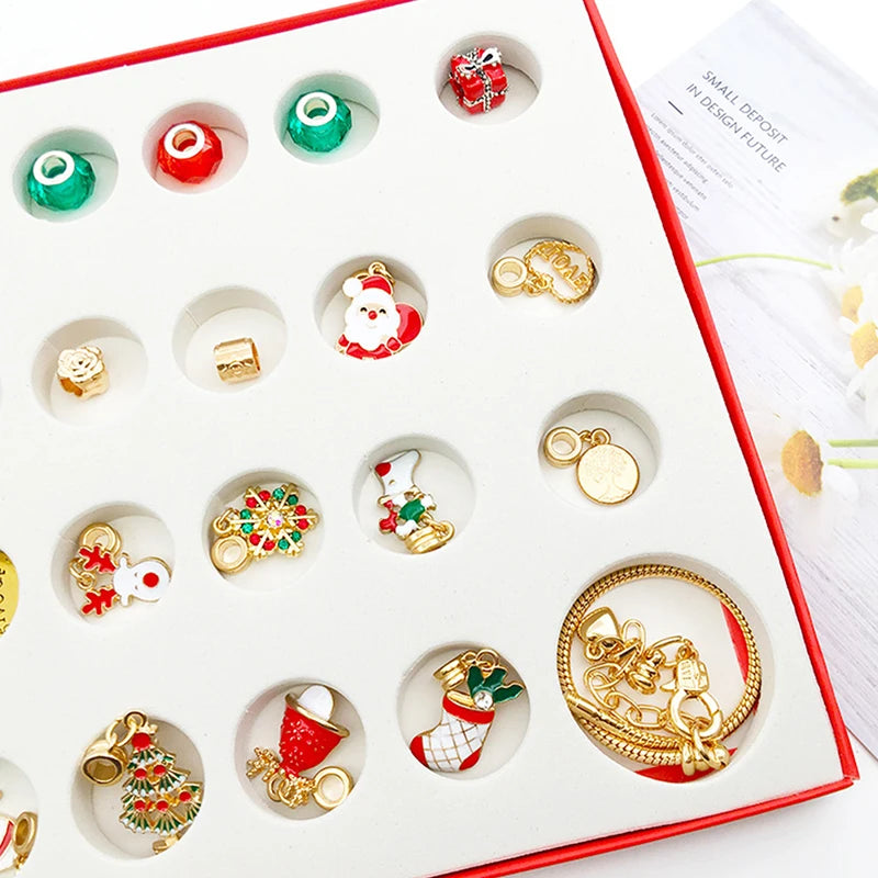 24Pcs Necklace Pendant Christmas Countdown Advent Calendar Box Set Christmas Themed DIY Bracelet Christmas Surprise Gift Box