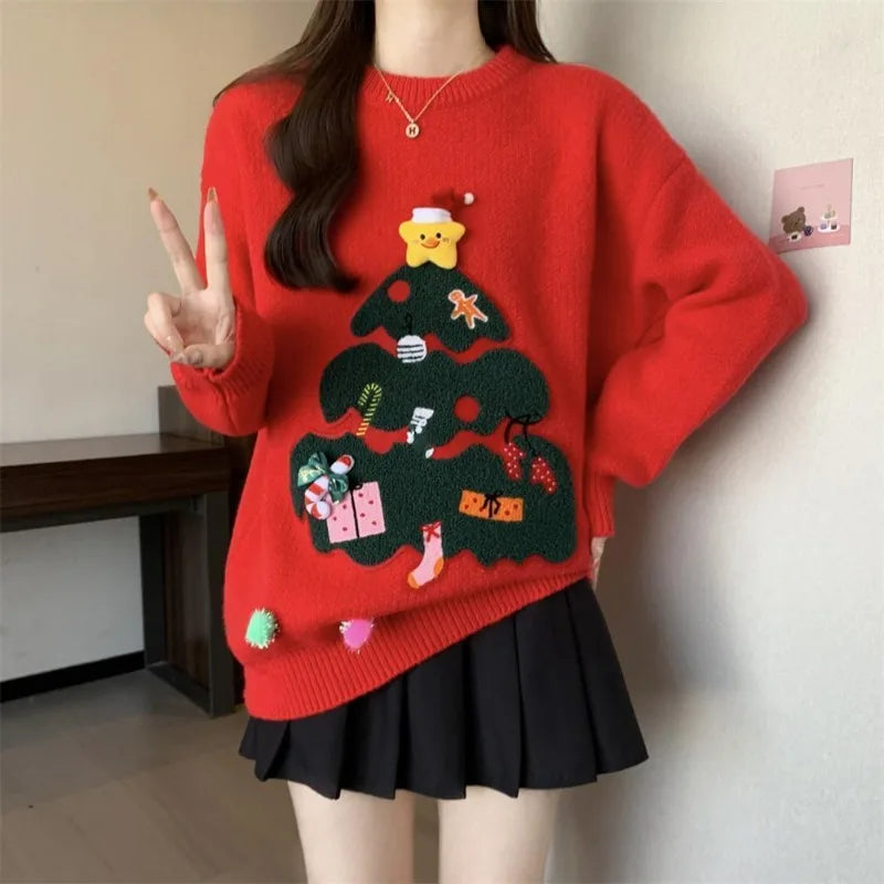 Large Size Women's Winter Style New Year Red Sweater Three-dimensional Christmas Tree Jacquard to Keep Warm