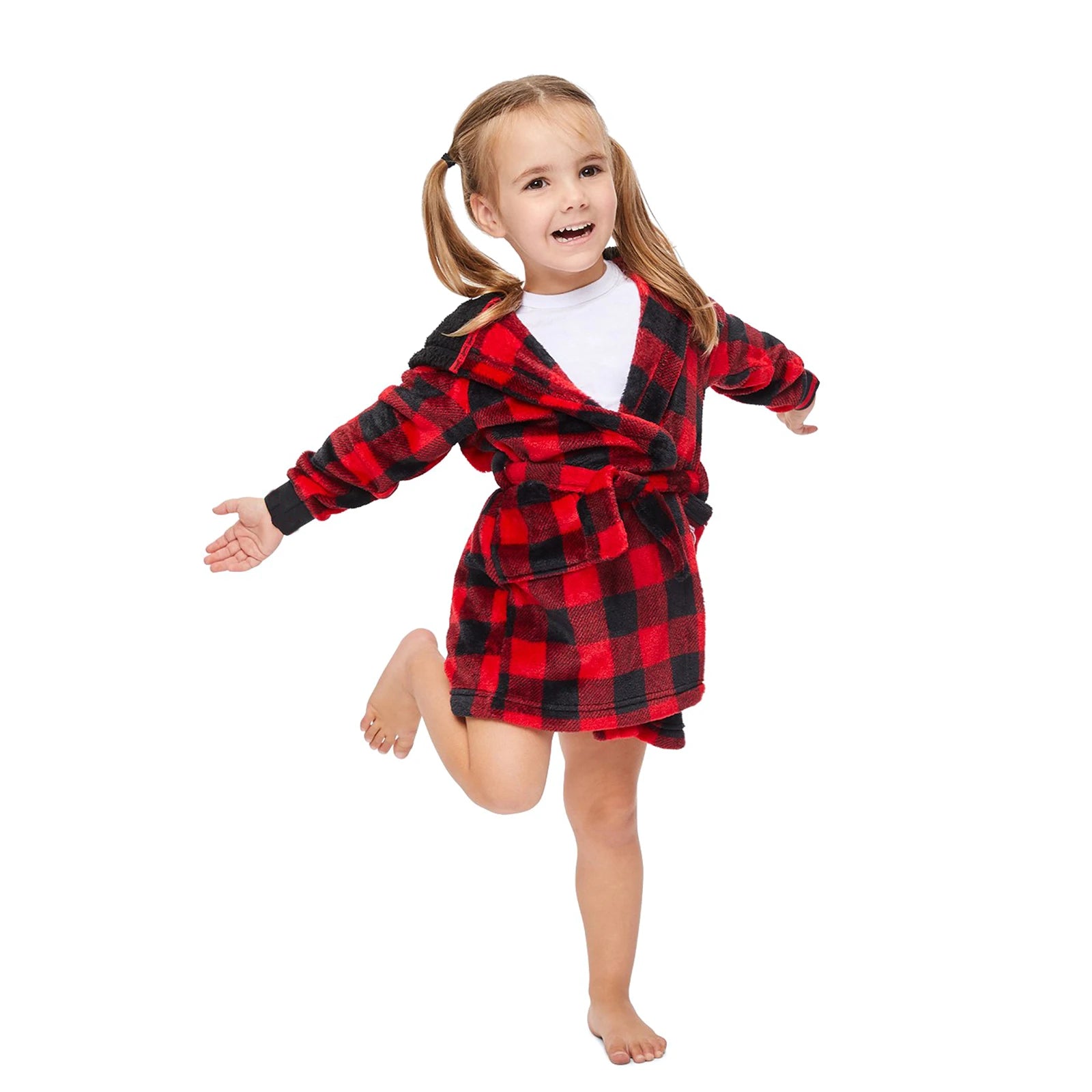 Family Matching Christmas Parent-child Nightwear Red Plaid Printed Pattern Long Sleeve Thick Hooded Nightgown with Belt