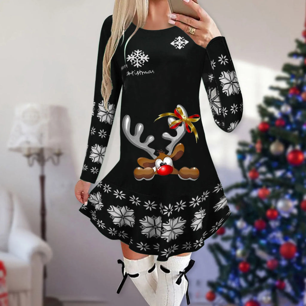 Christmas Snowflake Elk Vintage Party Dress Ruffles Elegant Long Sleeve Casual Print Winter Sweater Party Female O Neck Vestidos