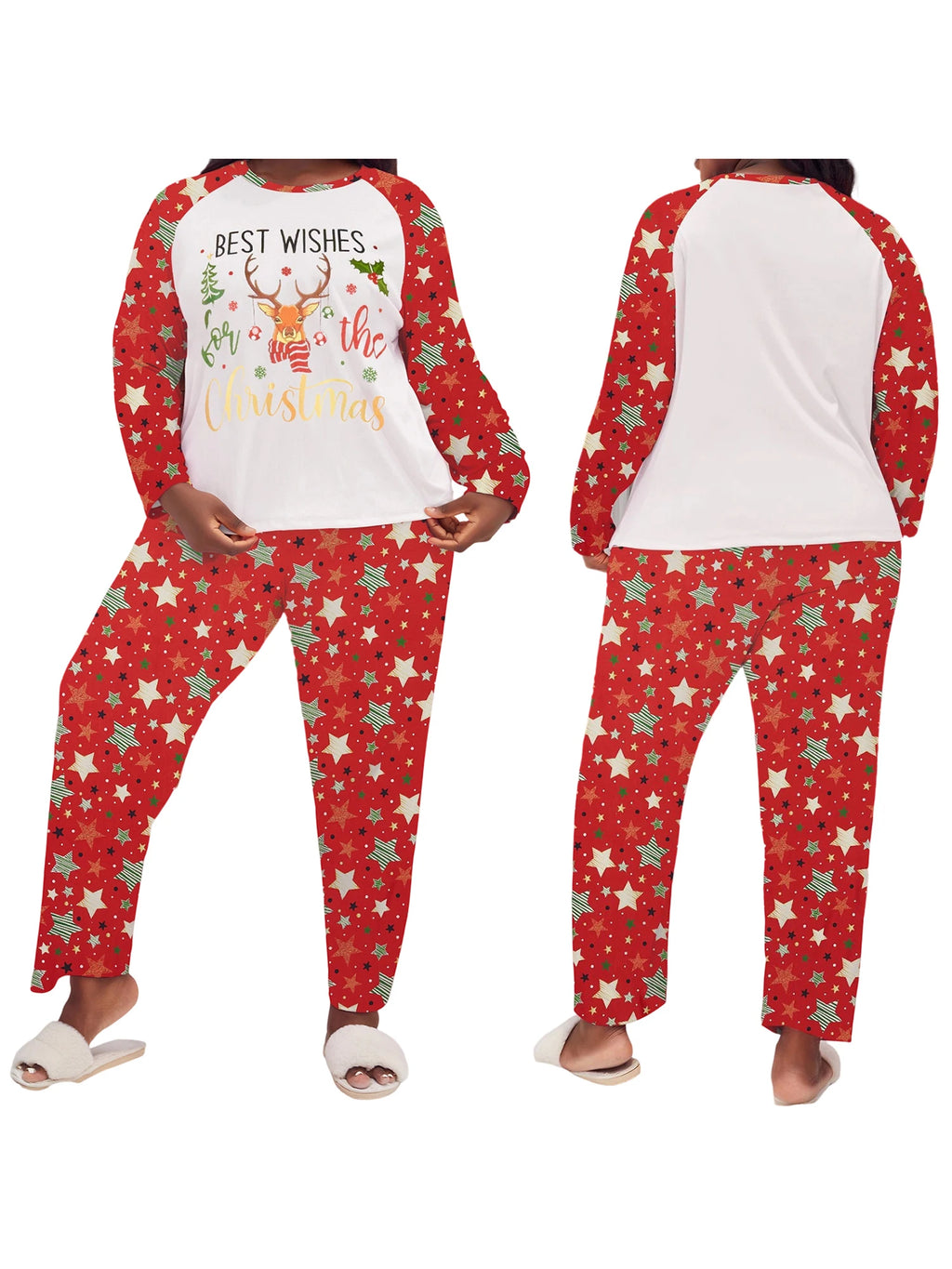 Women s Plus Size Christmas Pajama Set with Snowflake Print Long Sleeve Top and Matching Pants for Festive Sleepwear Outfit