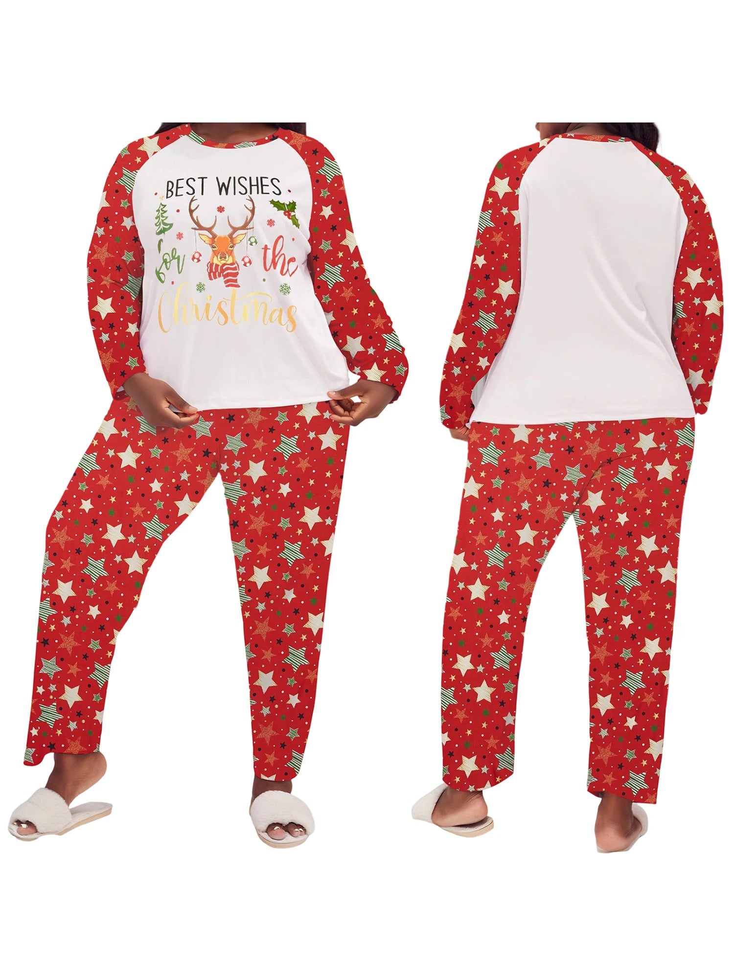Women s Plus Size Christmas Pajama Set with Snowflake Print Long Sleeve Top and Matching Pants for Festive Sleepwear Outfit