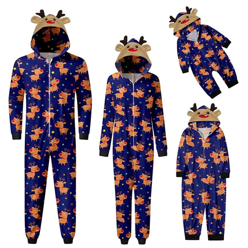 Combhasaki Family Matching Christmas Pajamas Loungewear Long Sleeve 3D Elk Antler All-over Print Hooded Romper Zip Up Jumpsuits